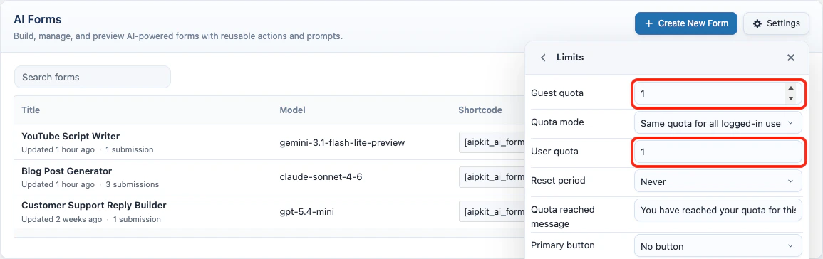AI Forms limits settings