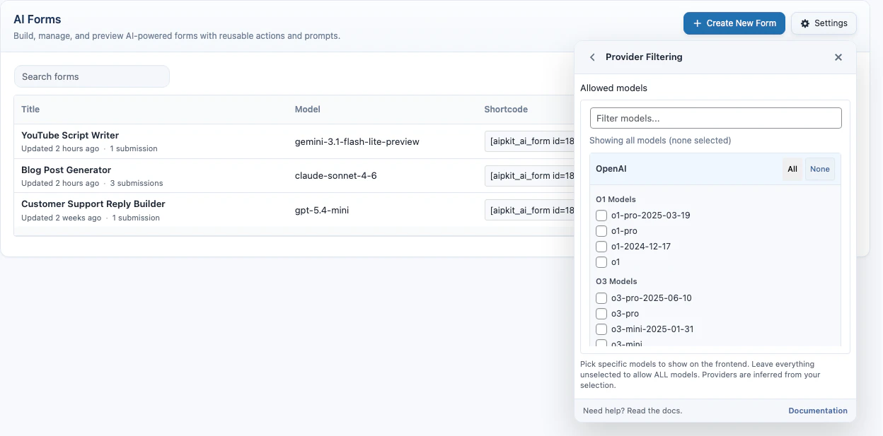 AI Forms provider filtering settings
