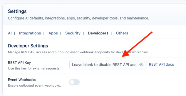 Developer Settings with the REST API Key field
