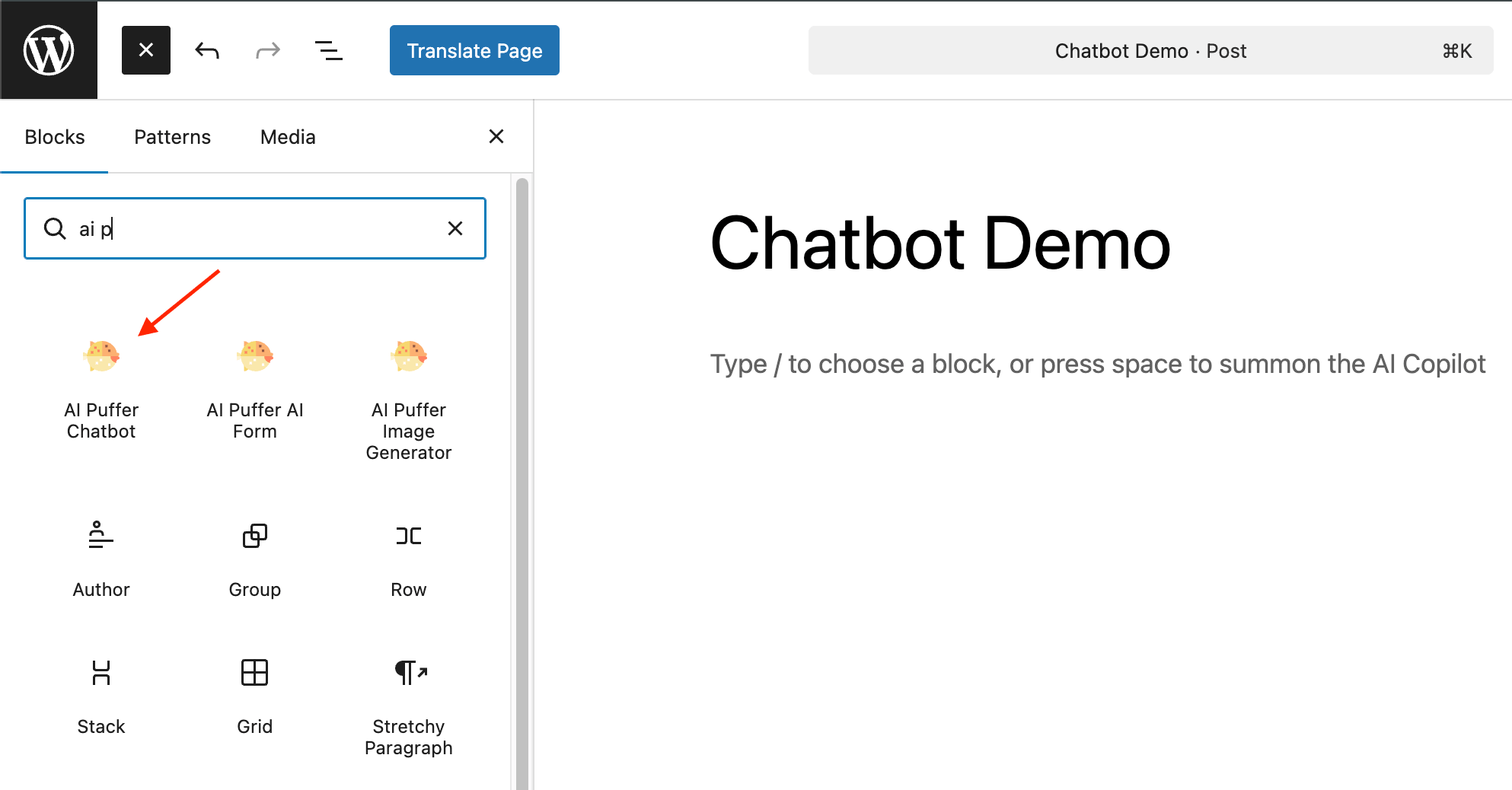 Chatbot shortcode block