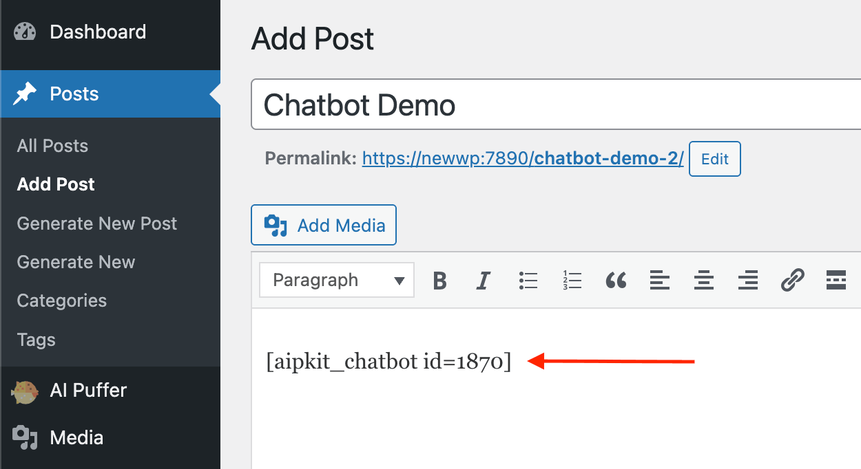 Chatbot shortcode classic editor