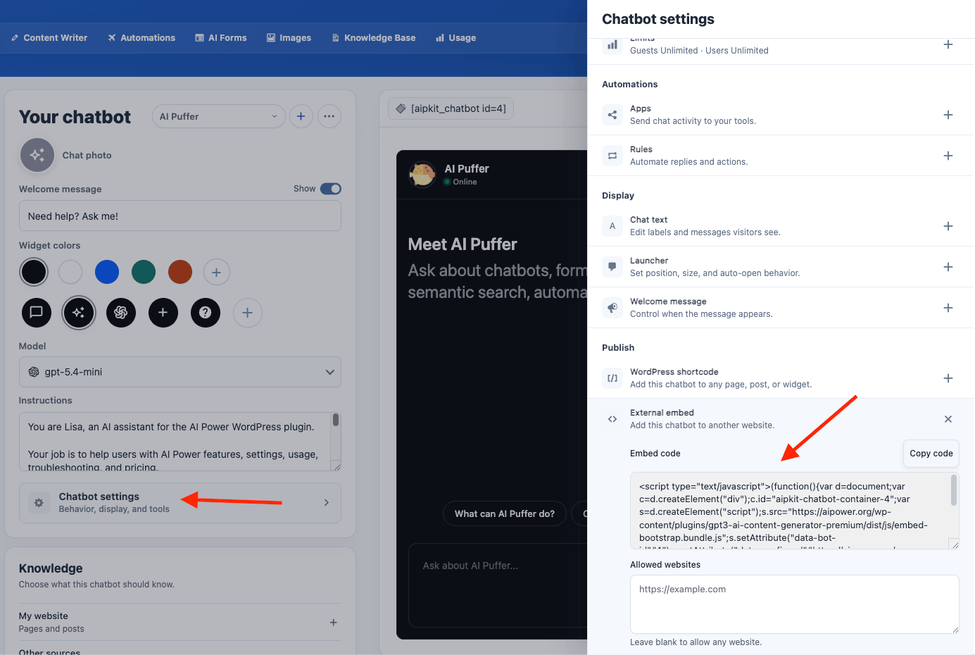 Chatbot external snippet