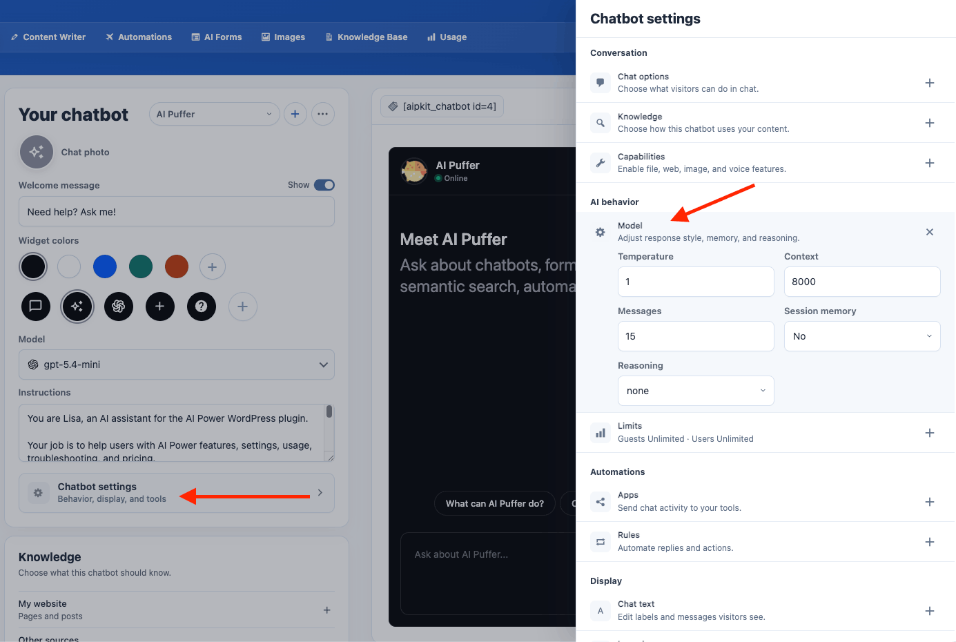 Chatbot model settings