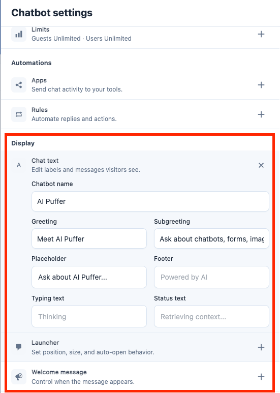 Chatbot display settings