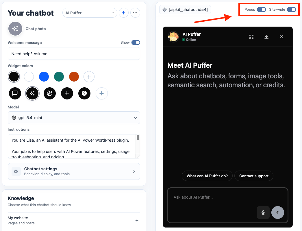 Chatbot Popup shortcode