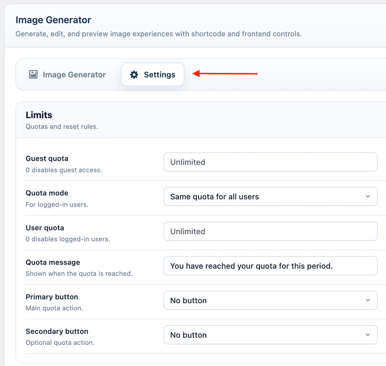 Images limits settings