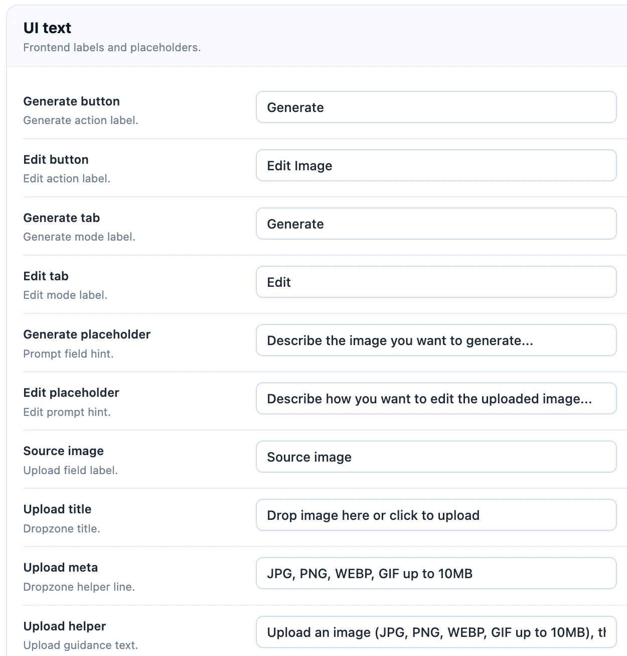 Images UI text settings