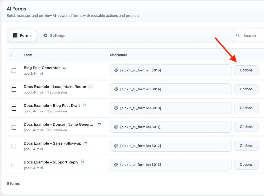 AI Form shortcode settings