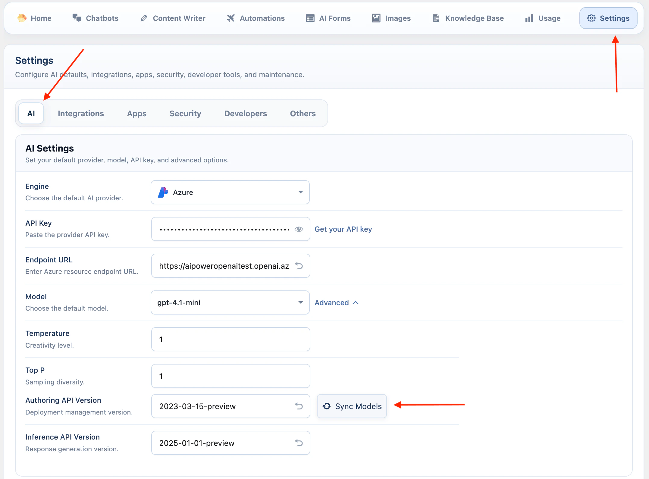 Azure API key settings