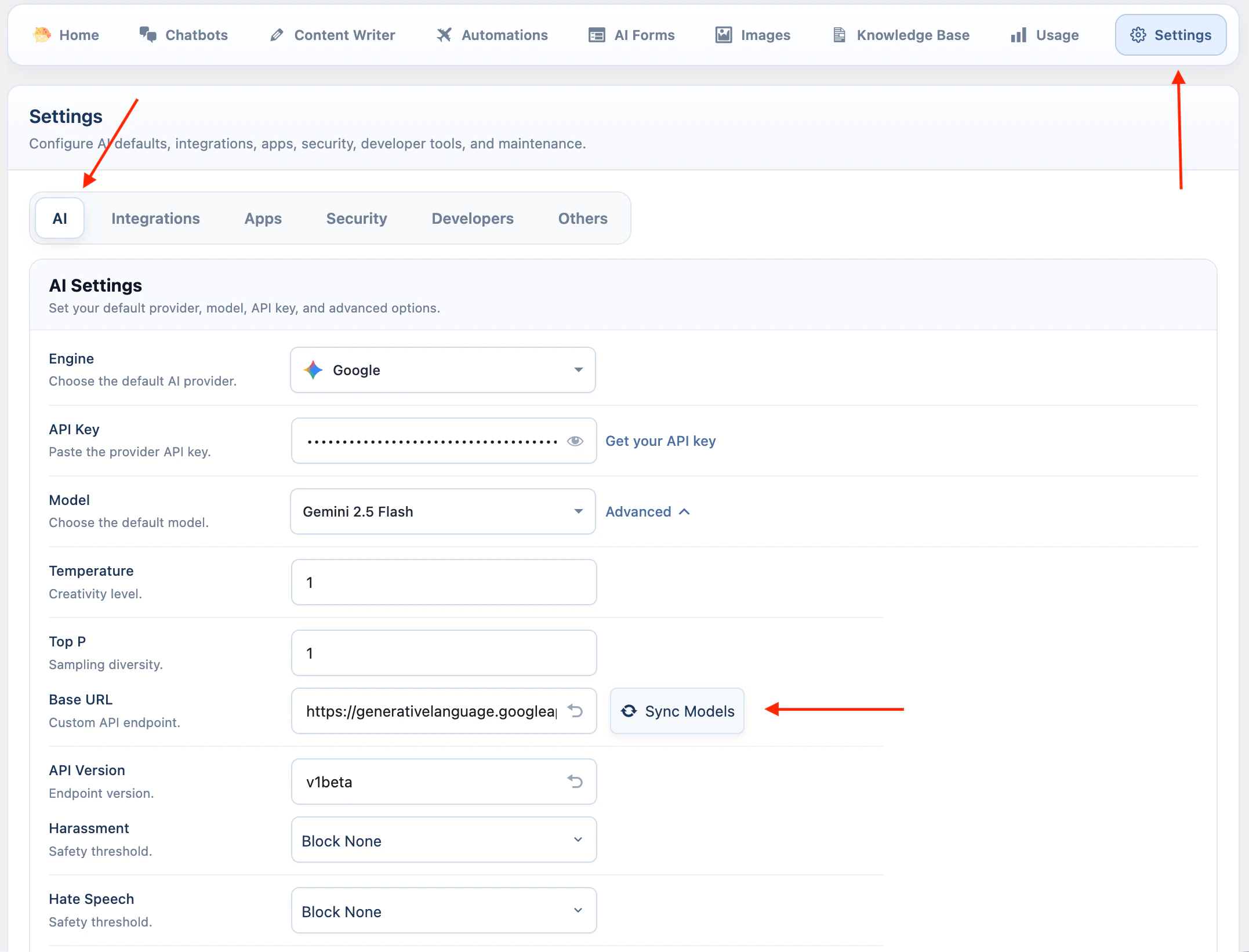 Google API key settings