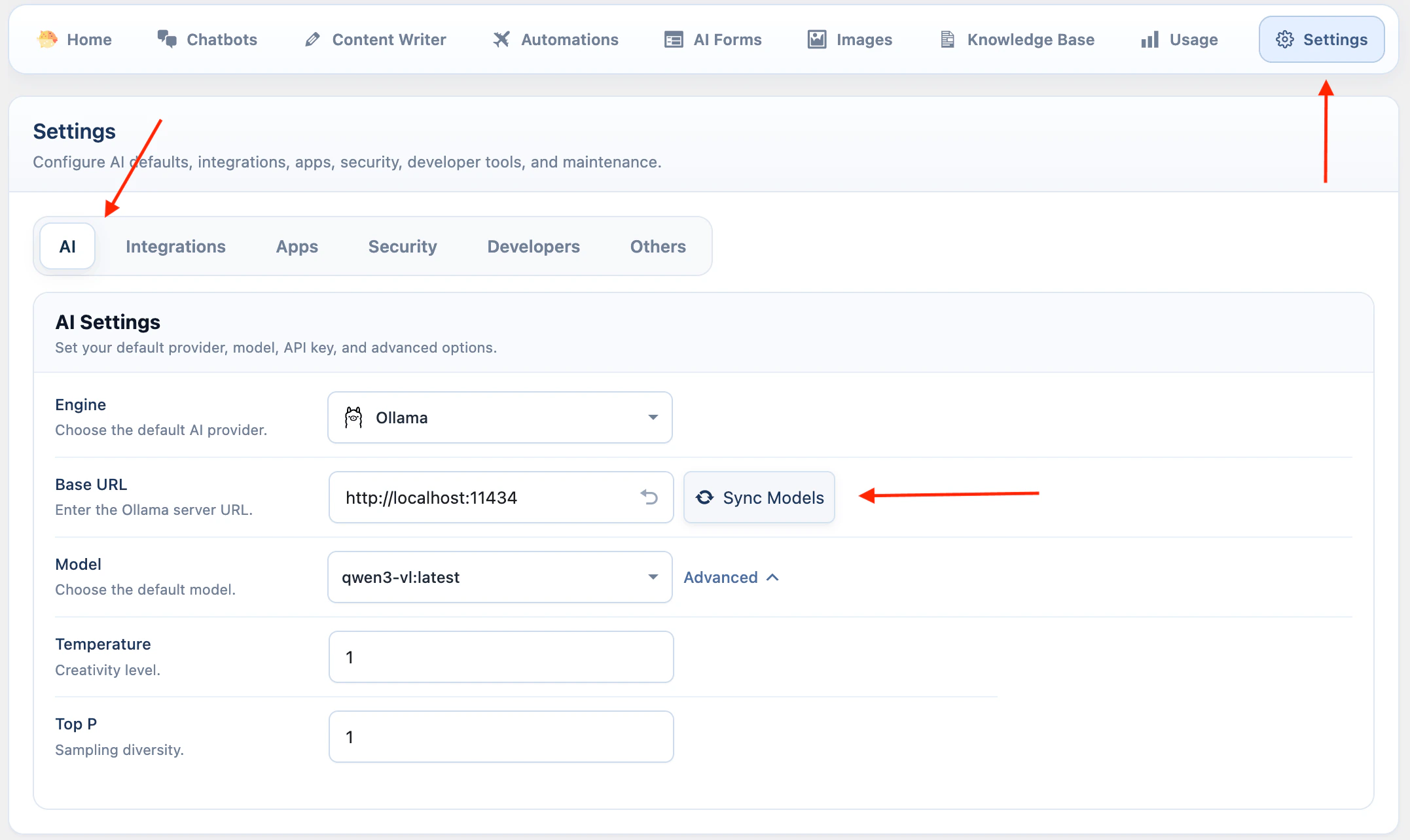 Ollama API key settings