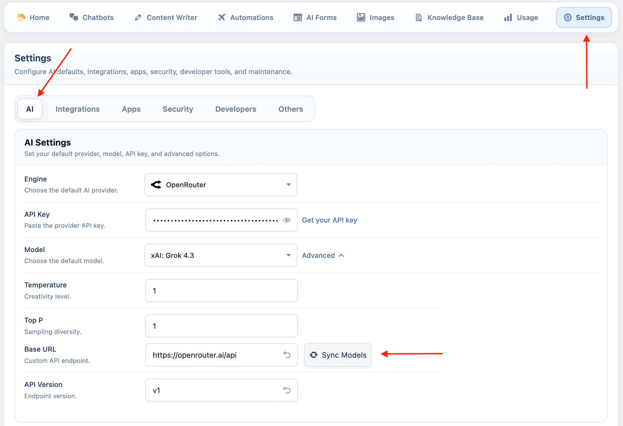 OpenRouter API key settings