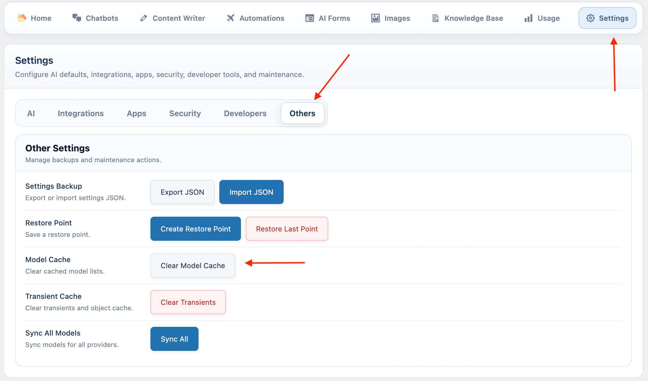 Settings Others model cache buttons