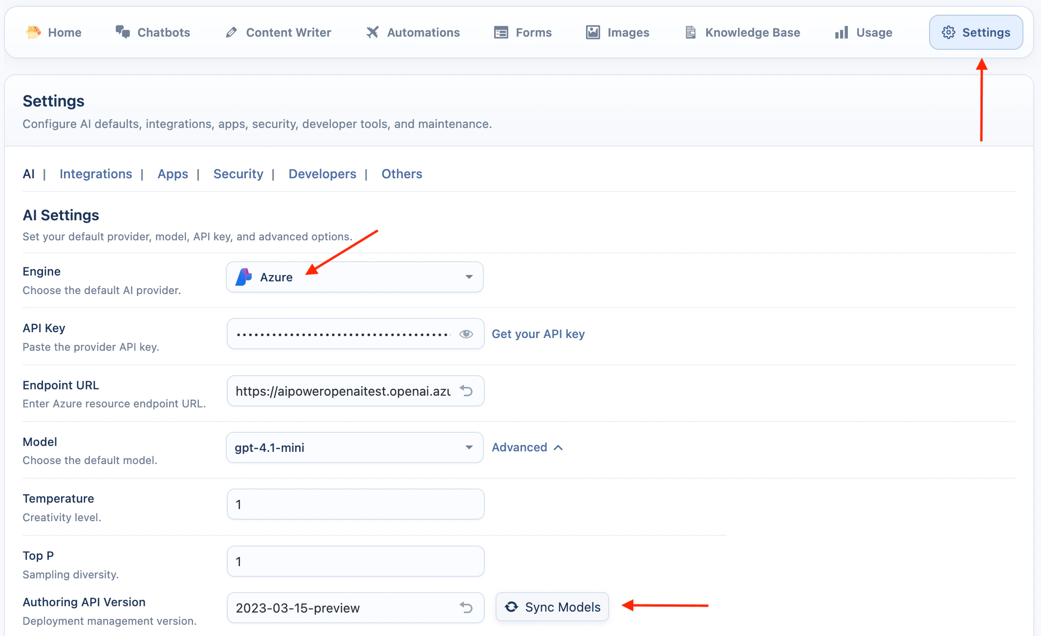 Azure API key settings