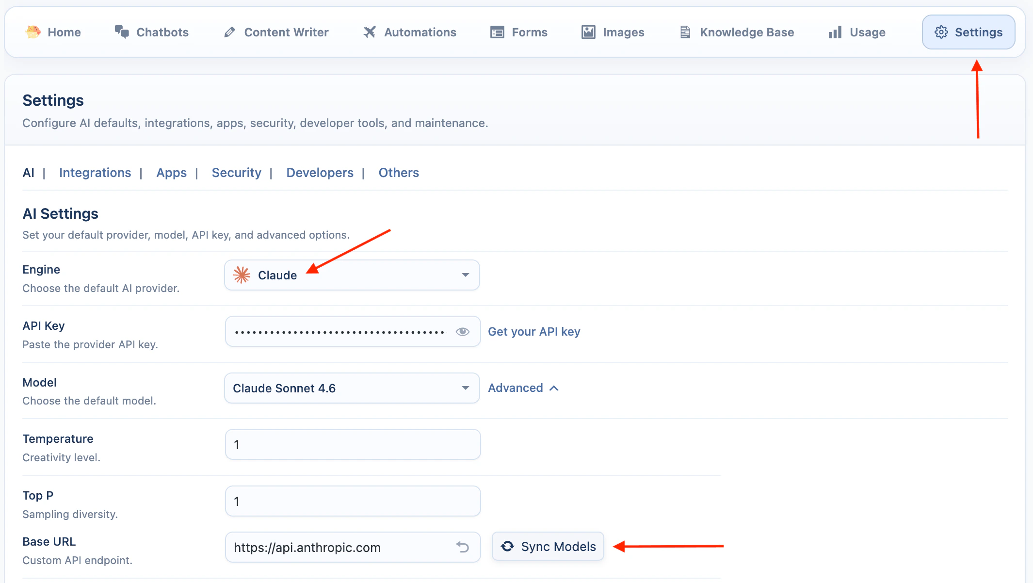 Claude API key settings