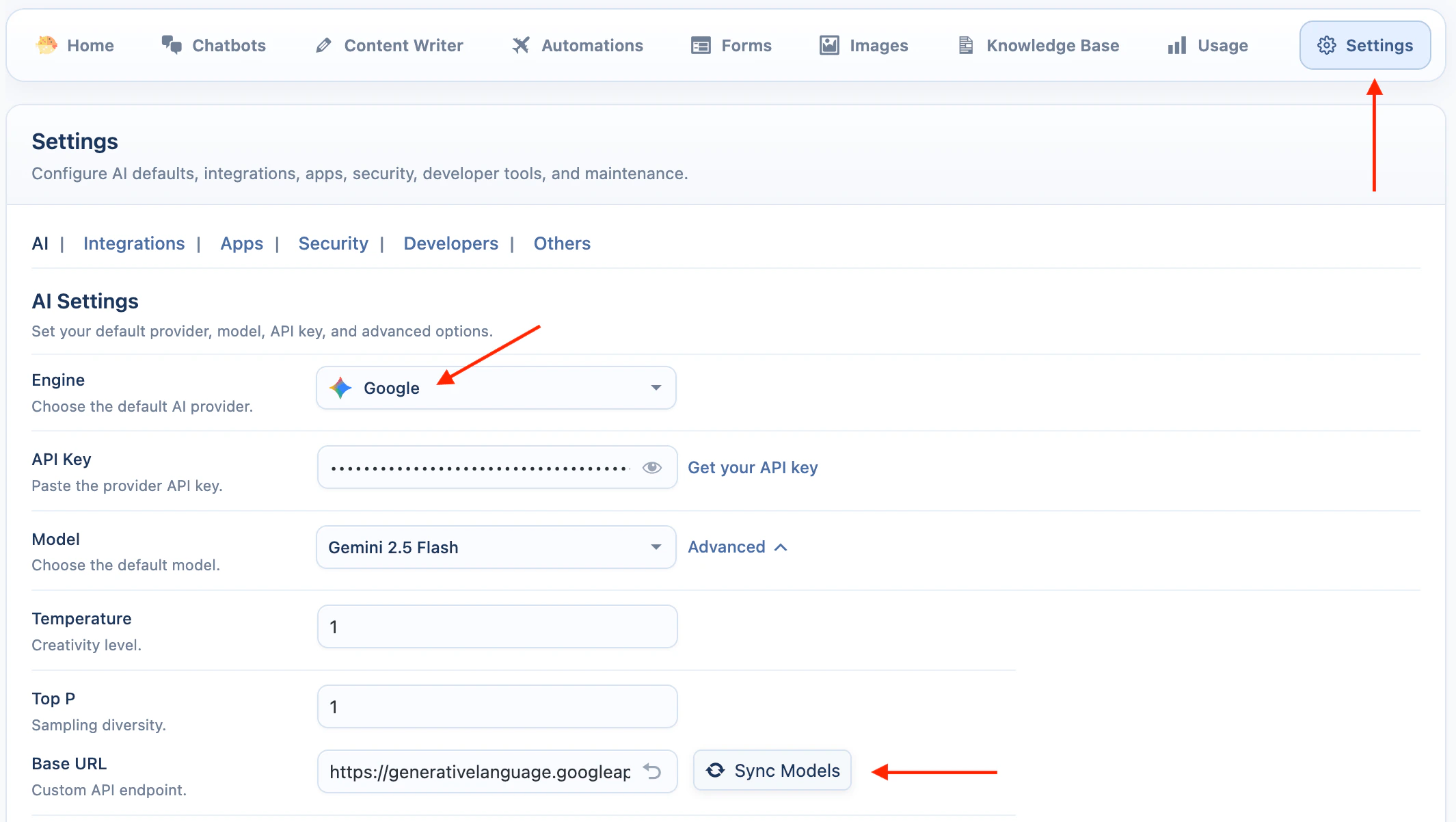 Google API key settings