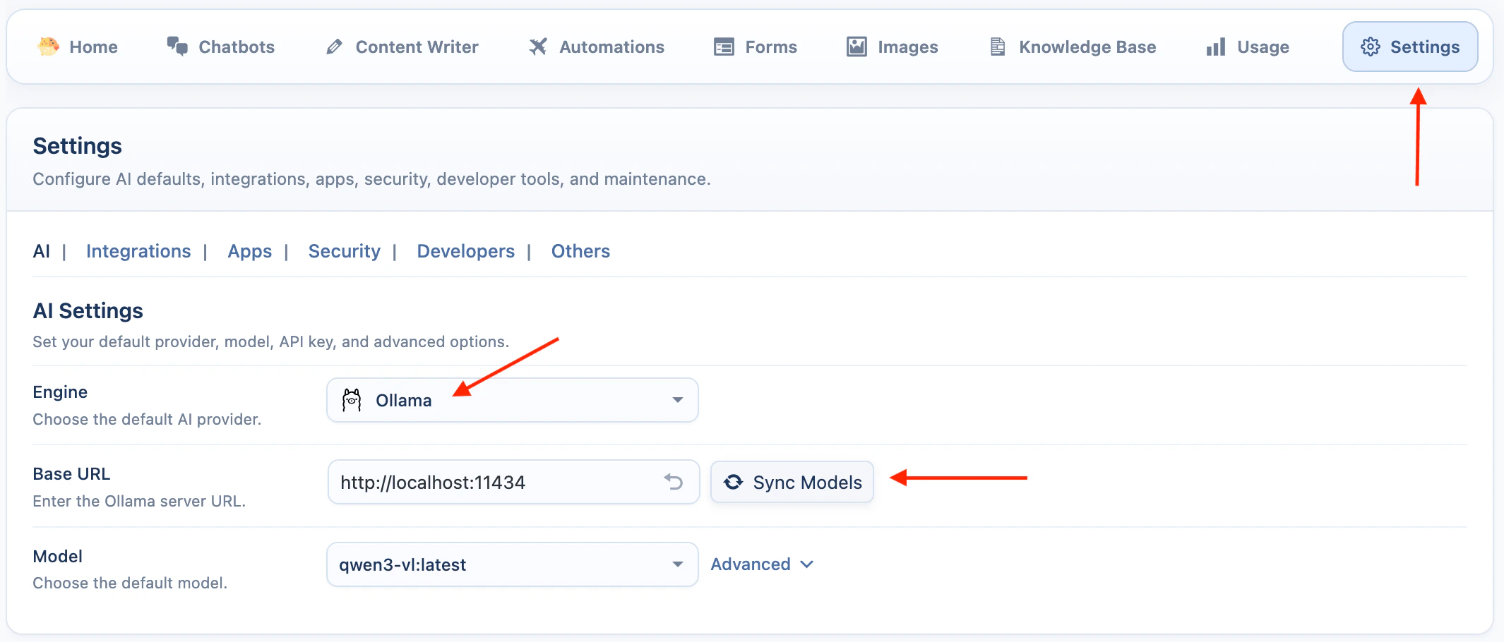 Ollama API key settings