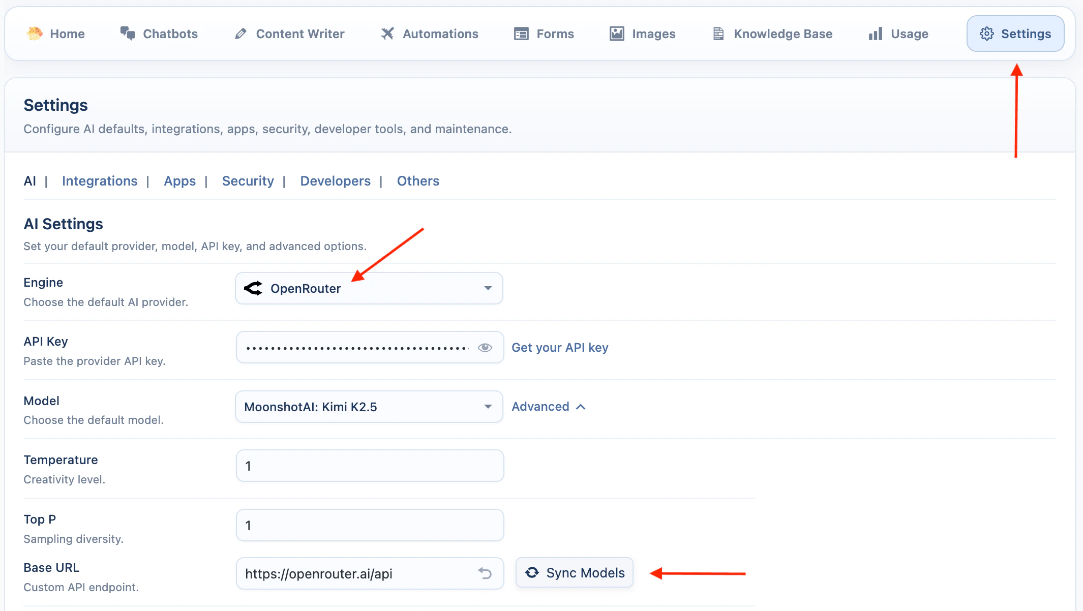OpenRouter API key settings