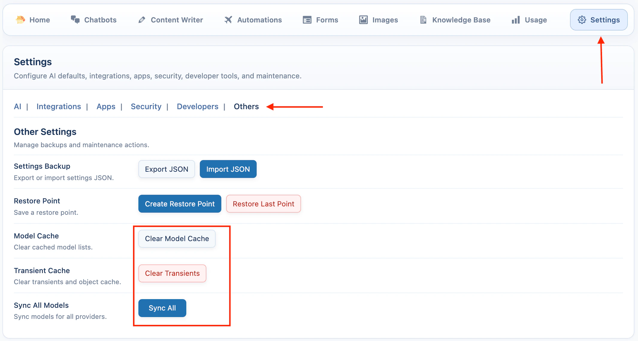 Settings Others model cache buttons