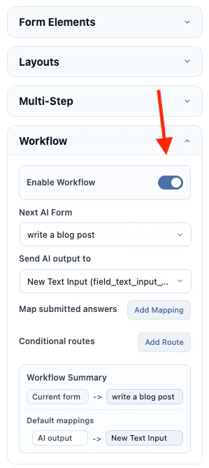 AI Form workflow settings