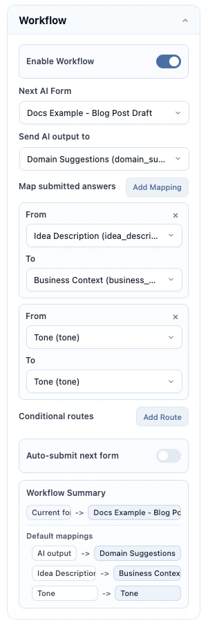 AI Form workflow settings