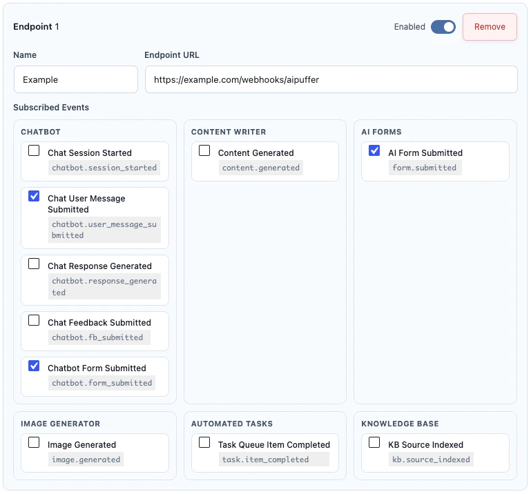 Webhook endpoint with subscribed events