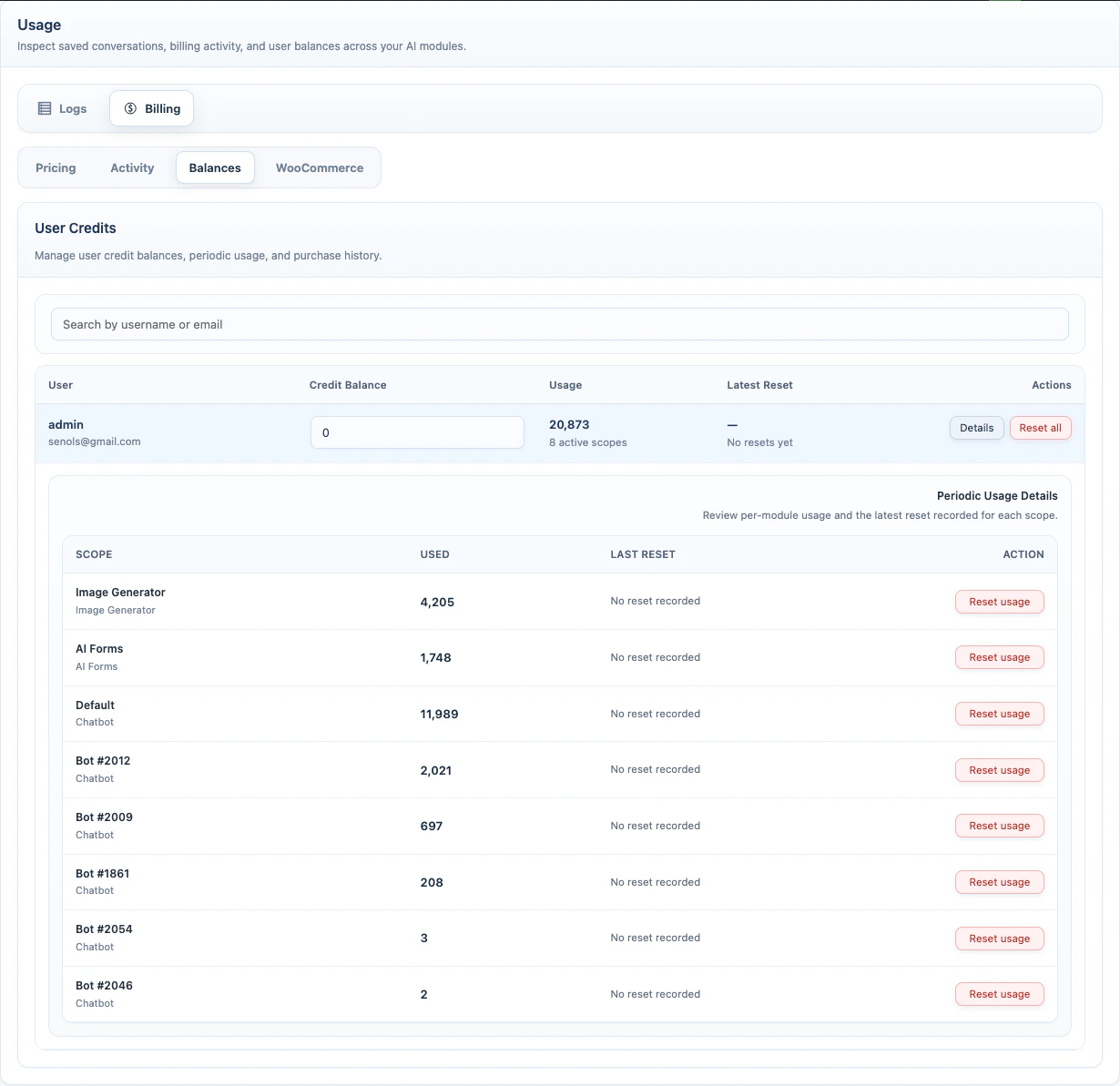 Billing Balances tab with periodic usage details