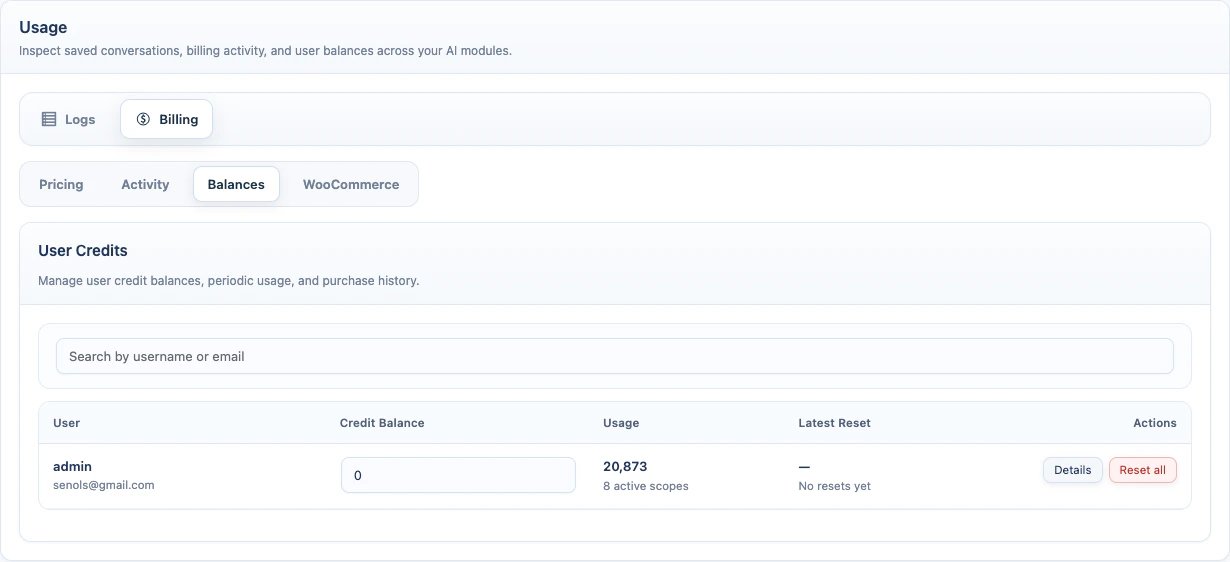 Billing Balances tab