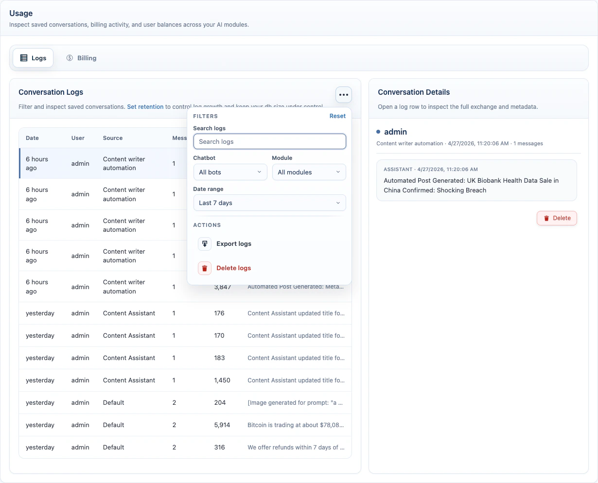 Usage logs with filters and conversation details