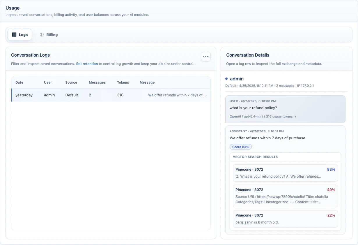 Conversation details with vector score results