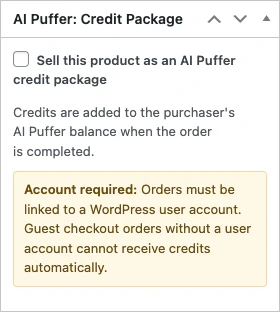 AI Puffer credit package box in WooCommerce product editor