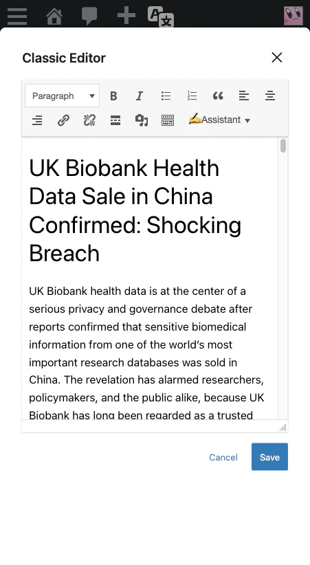 Content Assistant in the Classic Editor toolbar