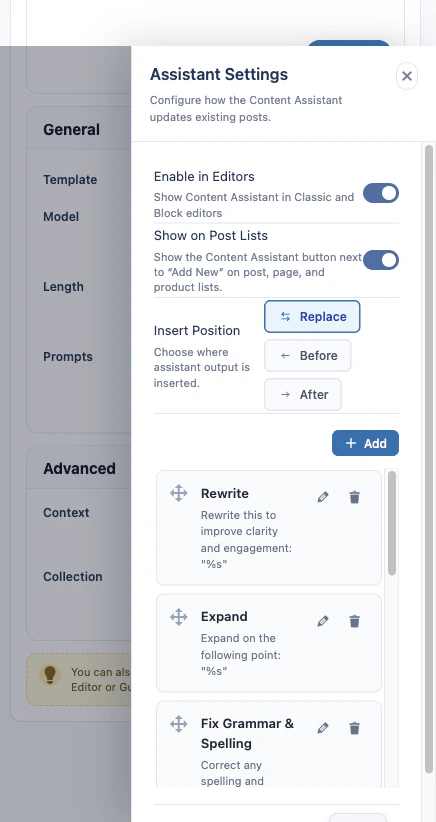 Content Assistant settings