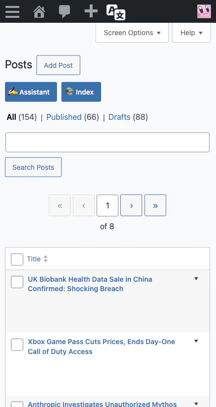 Assistant button on a WordPress post list