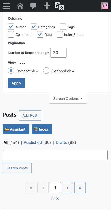 Index Status screen option on a WordPress post list