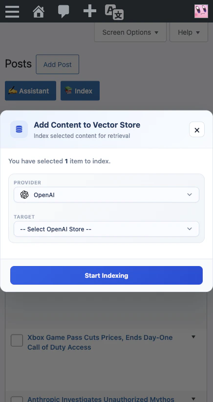 Add Content to Vector Store modal