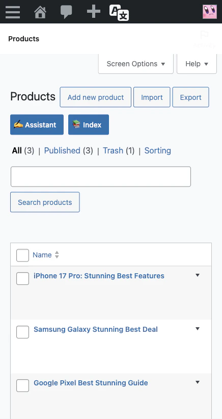 Assistant button on the WooCommerce Products list