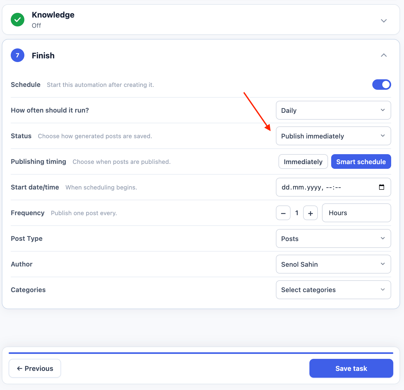 Publishing settings