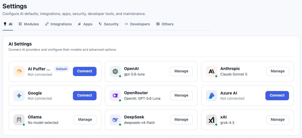 AI Settings with the AI Puffer Cloud Connect card and direct provider cards