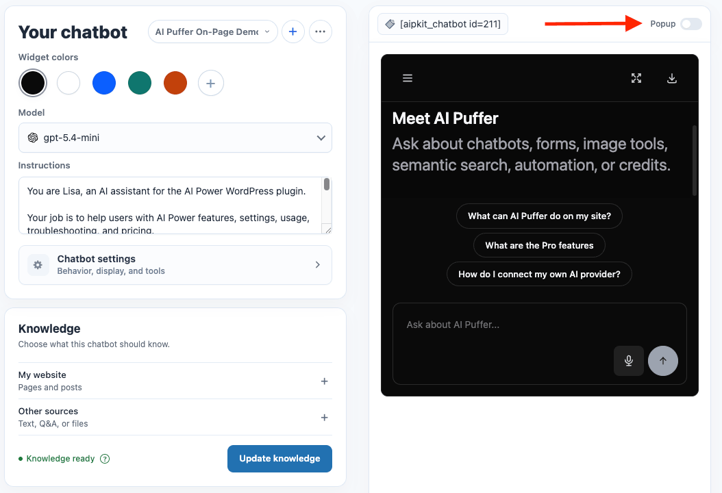 Chatbot Onpage shortcode