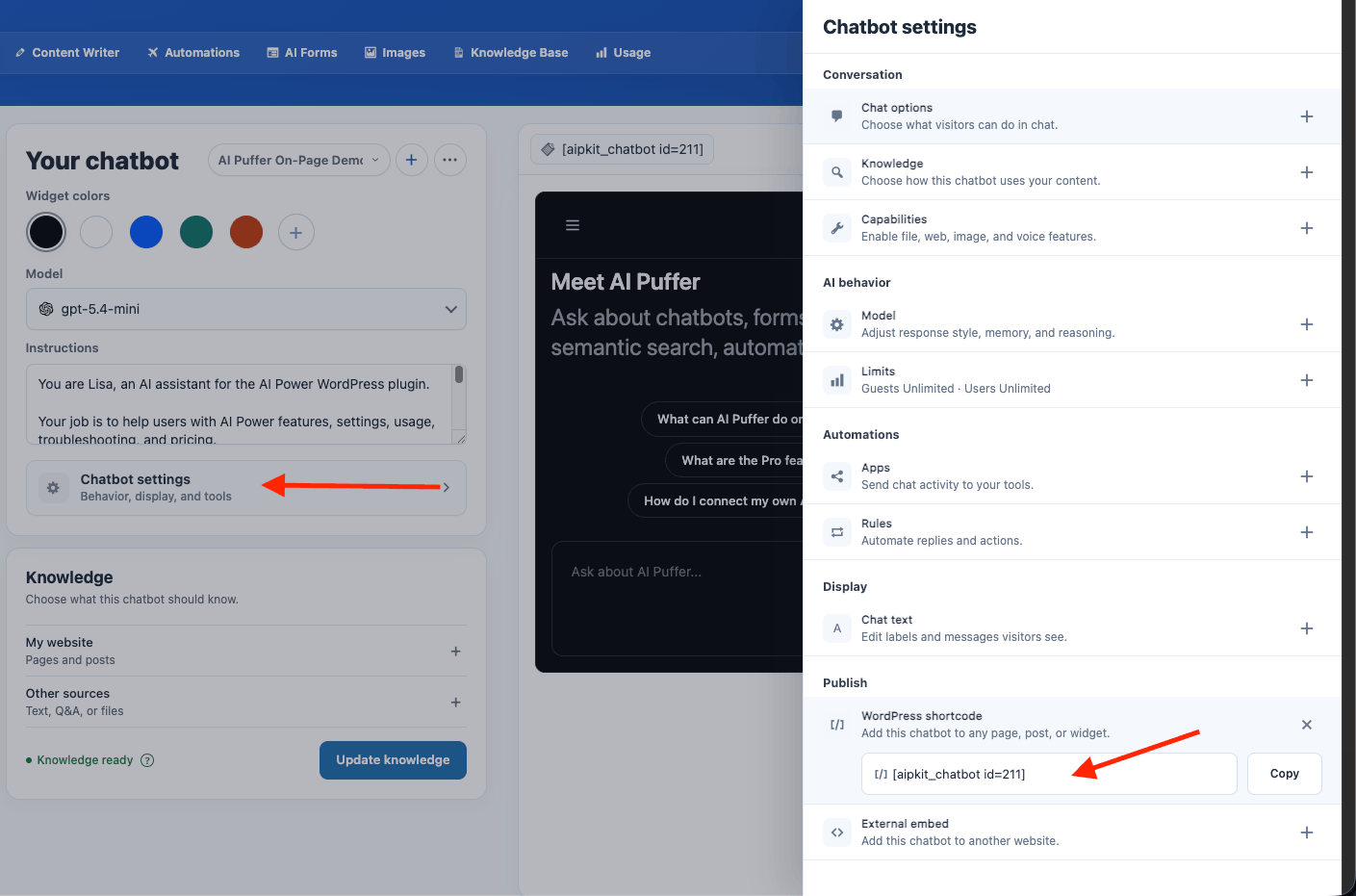 Chatbot Onpage shortcode
