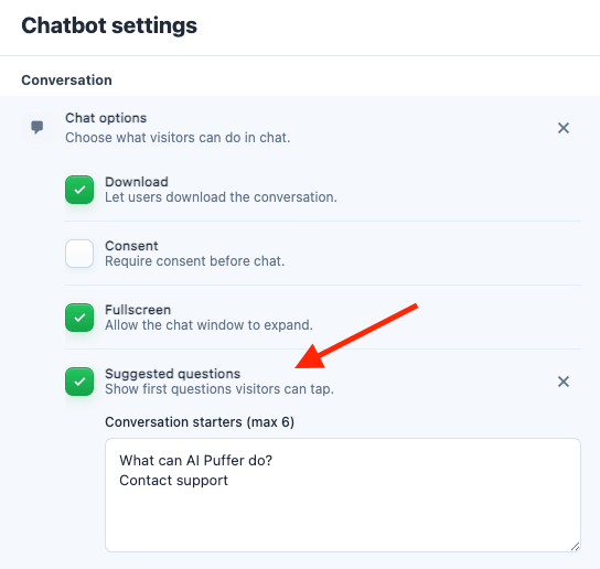 Chatbot suggested questions