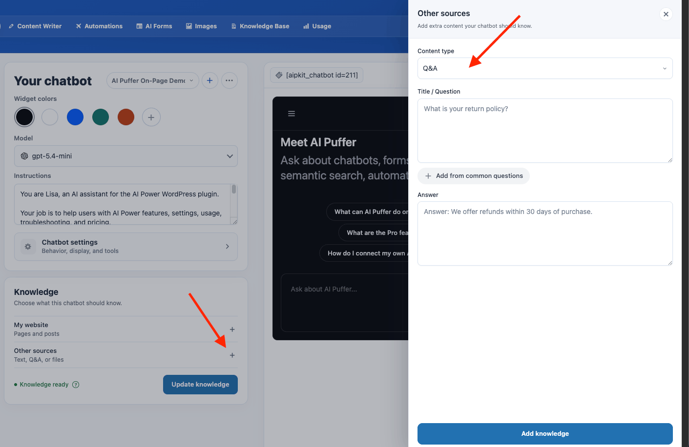 Chatbot knowledge