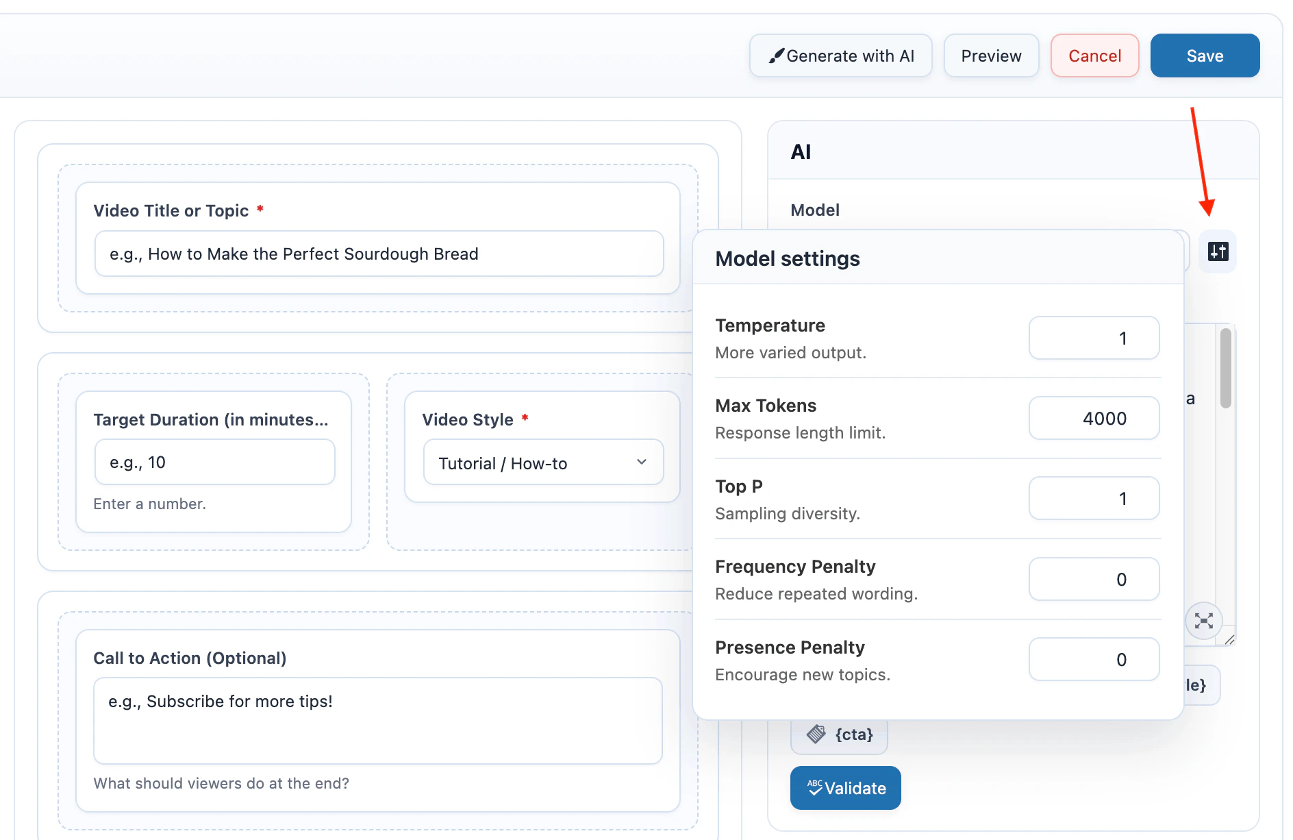 AI Form parameters popover