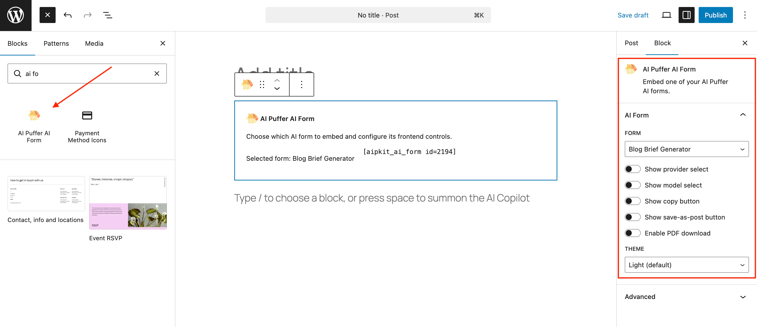 AI Form block in the WordPress block editor