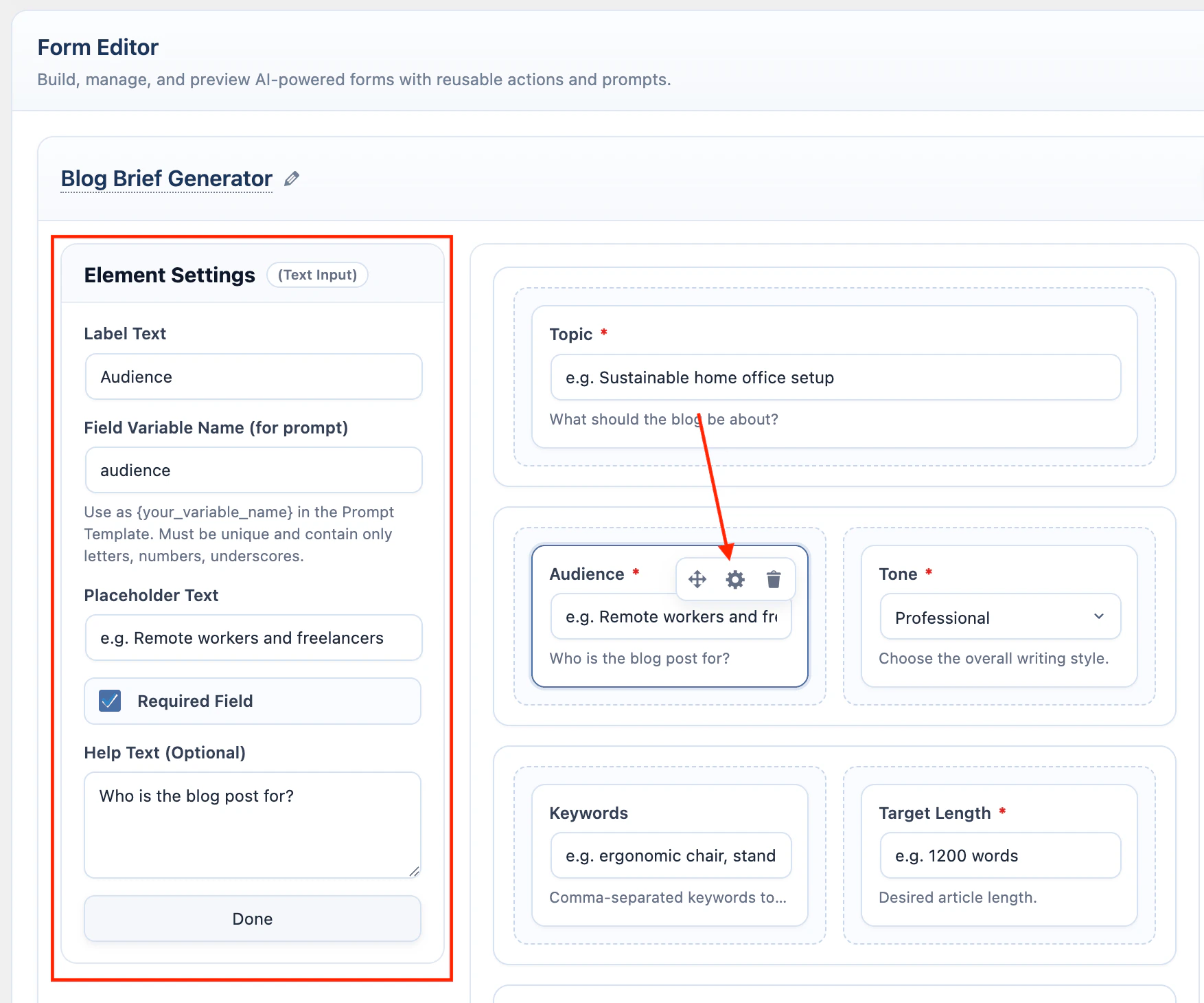 AI Form field settings