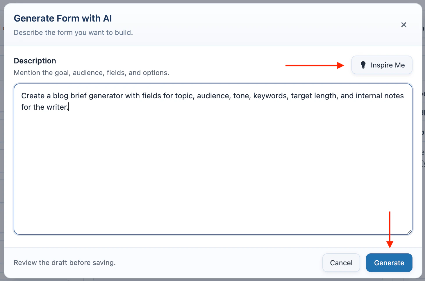 AI Form generator modal