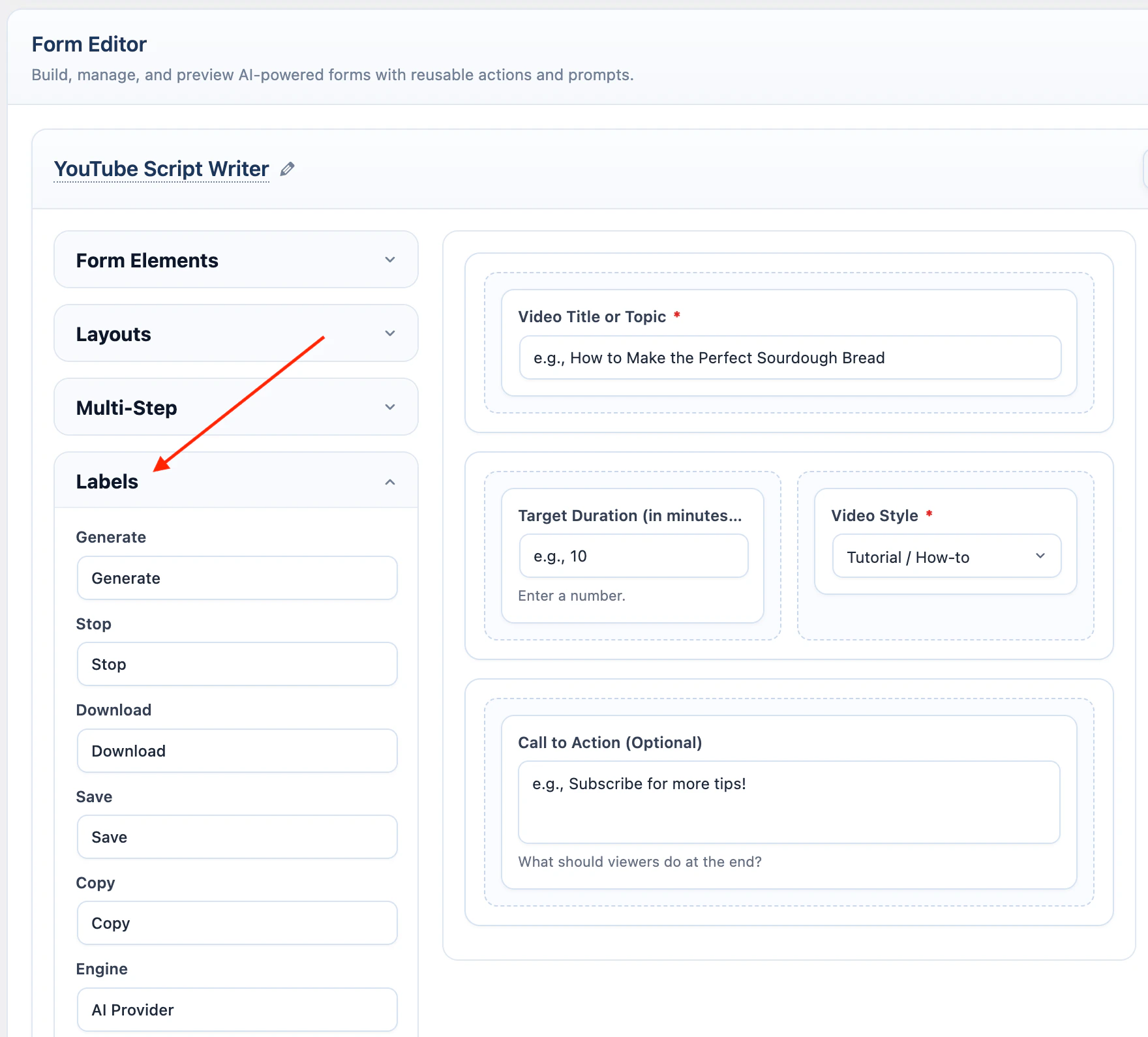 AI Form labels panel