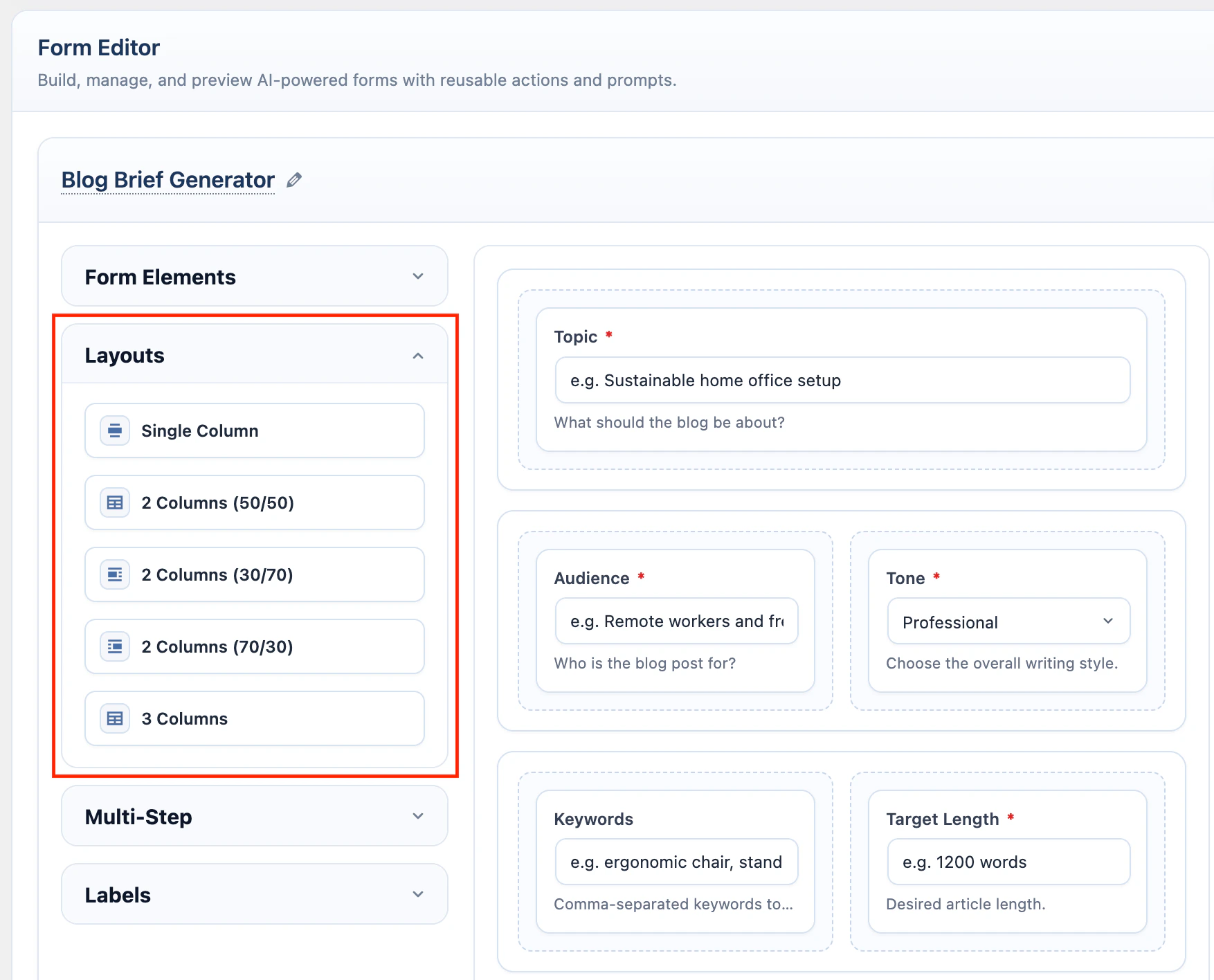 AI Form layouts panel