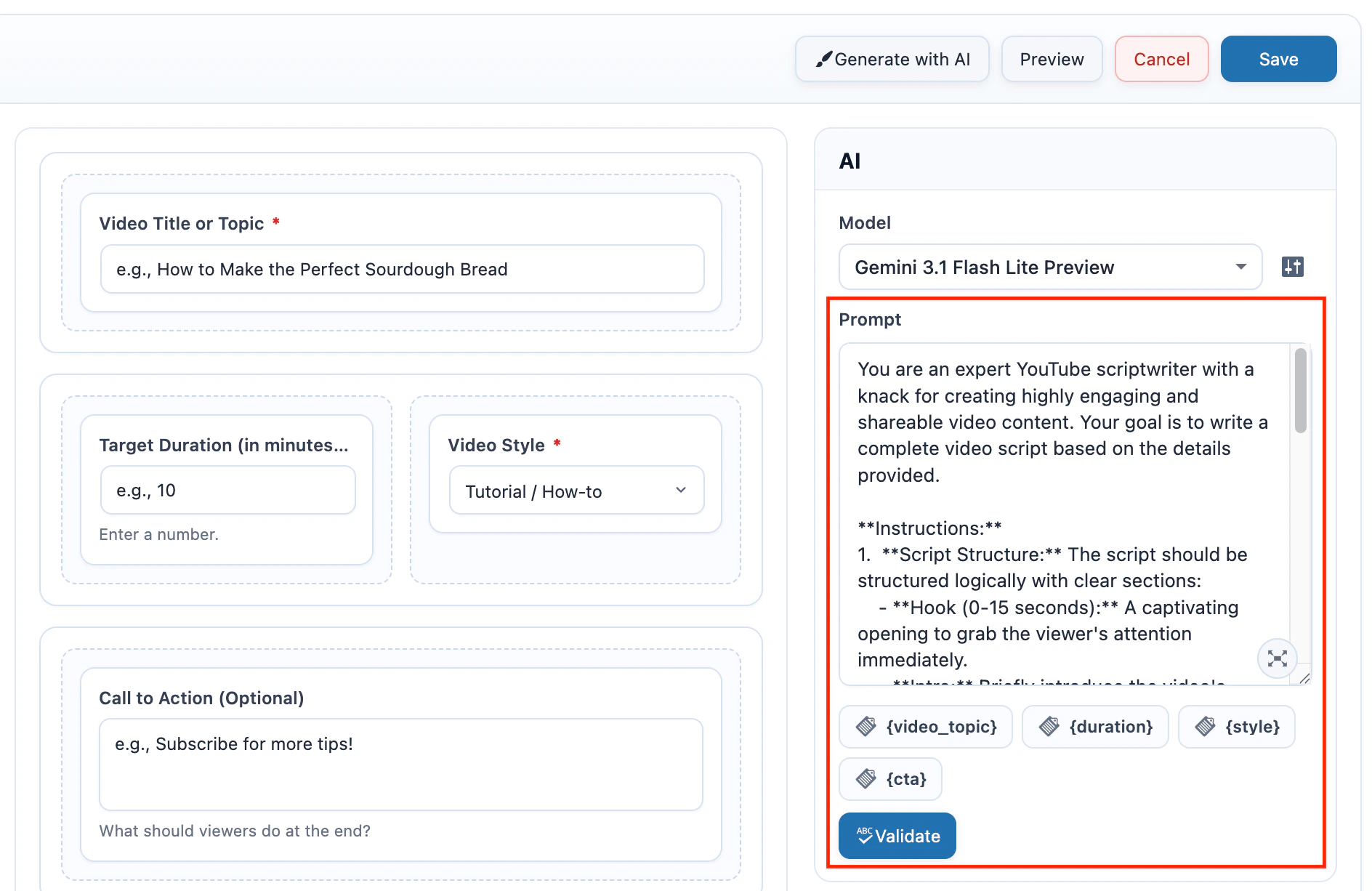 AI Form prompt editor